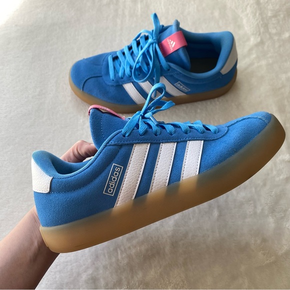 adidas Shoes - Adidas VL Court 3.0 Blue Burst Pink Fusion Suede Gum Sole Sneakers Women’s 8